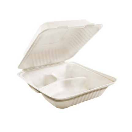 9"X9"X3" Clamshell Bagasse Containers-3Comb | 200 pc