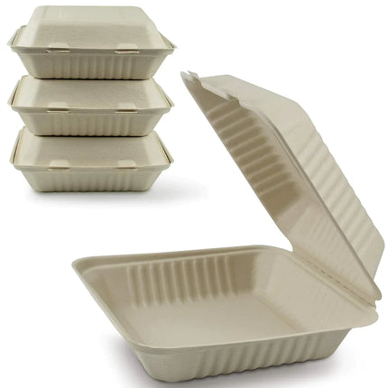 8"X8"X2.5" Clamshell Bagasse Containers-1Compartment | 200pc